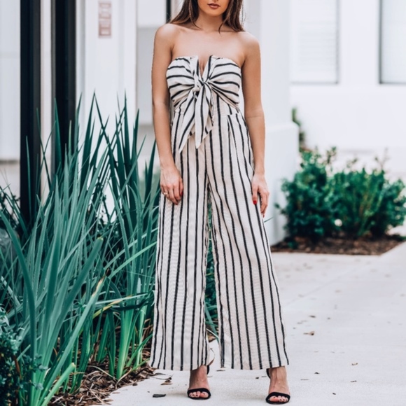 Striped Wide Leg Jumpsuit - CREAM - Picture 3 of 3